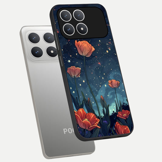  Midnight Tulip Glow phone case For Poco F8 Pro showing premium glass back cover with detailed artwork