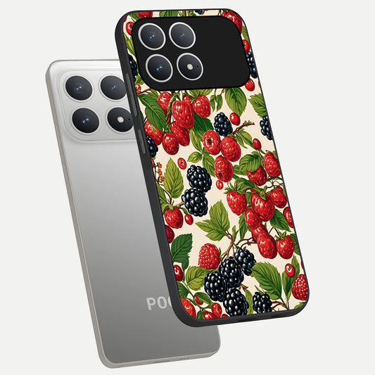  Mixed Berry Collage phone case For Poco F8 Pro showing premium glass back cover with detailed artwork