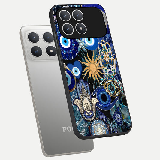  Mystic Blue Evil Eye phone case For Poco F8 Pro showing premium glass back cover with detailed artwork