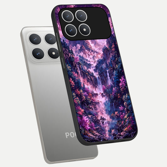  Mystic Cascade Peaks phone case For Poco F8 Pro showing premium glass back cover with detailed artwork