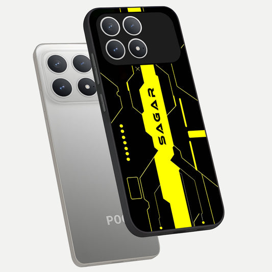  Neon CYBERPUNK Custom Name phone case For Poco F8 Pro showing premium glass back cover with detailed artwork