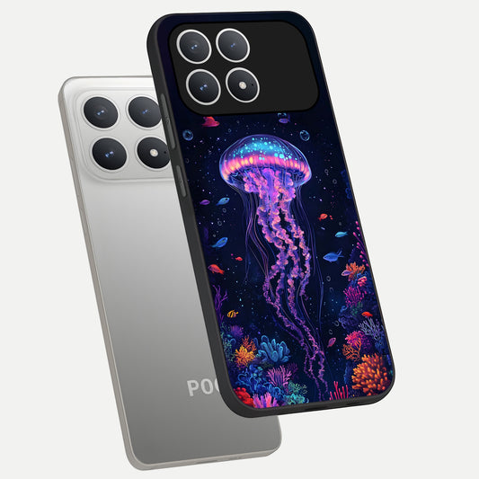  Neon Jellyfish phone case For Poco F8 Pro showing premium glass back cover with detailed artwork