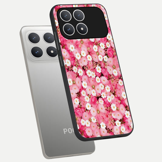  Pink Daisy Bliss phone case For Poco F8 Pro showing premium glass back cover with detailed artwork
