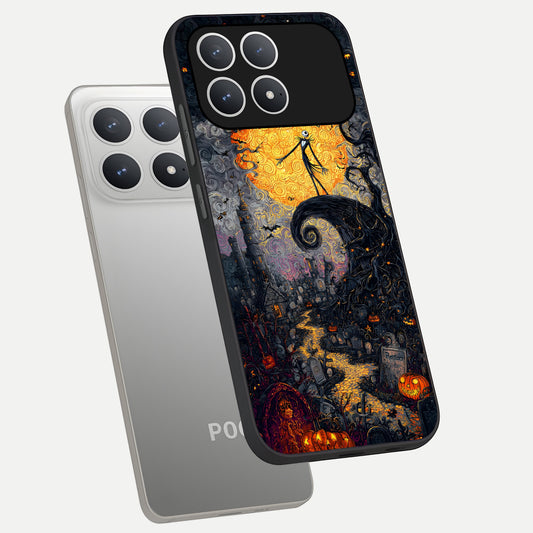  Pumpkin Moon Night phone case For Poco F8 Pro showing premium glass back cover with detailed artwork