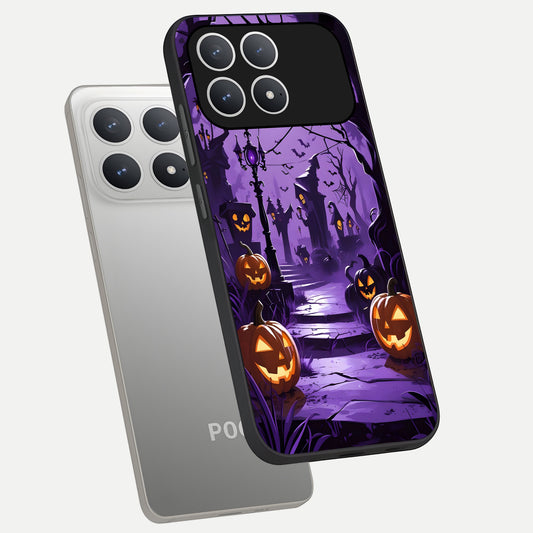  Pumpkin Patch Halloween phone case For Poco F8 Pro showing premium glass back cover with detailed artwork