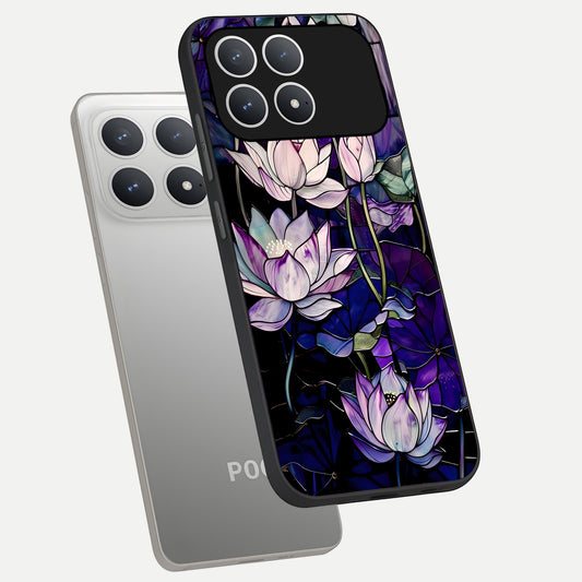  Purple Lotus Pattern phone case For Poco F8 Pro showing premium glass back cover with detailed artwork