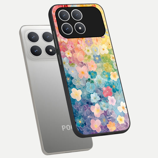  Rainbow Blossom Burst phone case For Poco F8 Pro showing premium glass back cover with detailed artwork