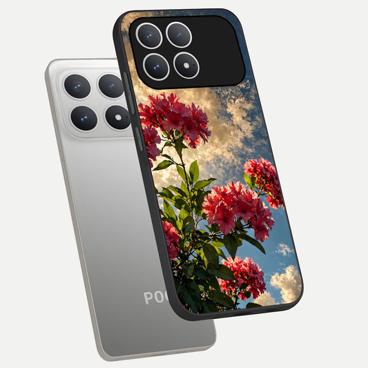  Red Bloom Skies phone case For Poco F8 Pro showing premium glass back cover with detailed artwork