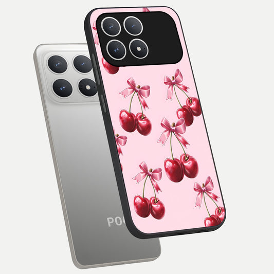  Red Cherries Pattern phone case For Poco F8 Pro showing premium glass back cover with detailed artwork