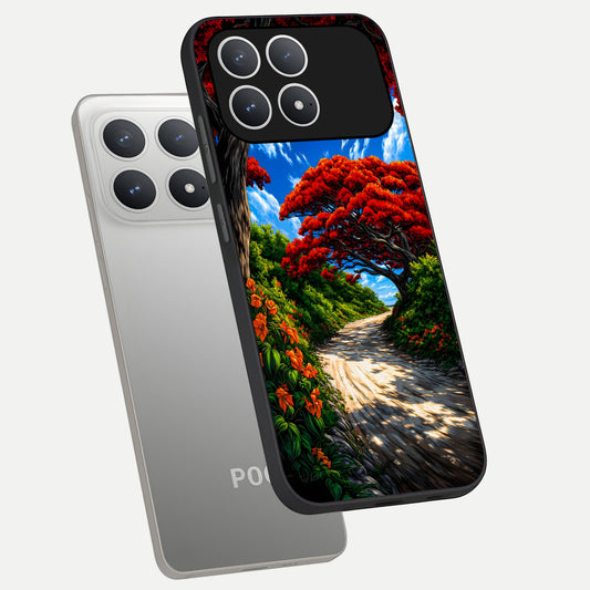  Red Trees Pathway phone case For Poco F8 Pro showing premium glass back cover with detailed artwork