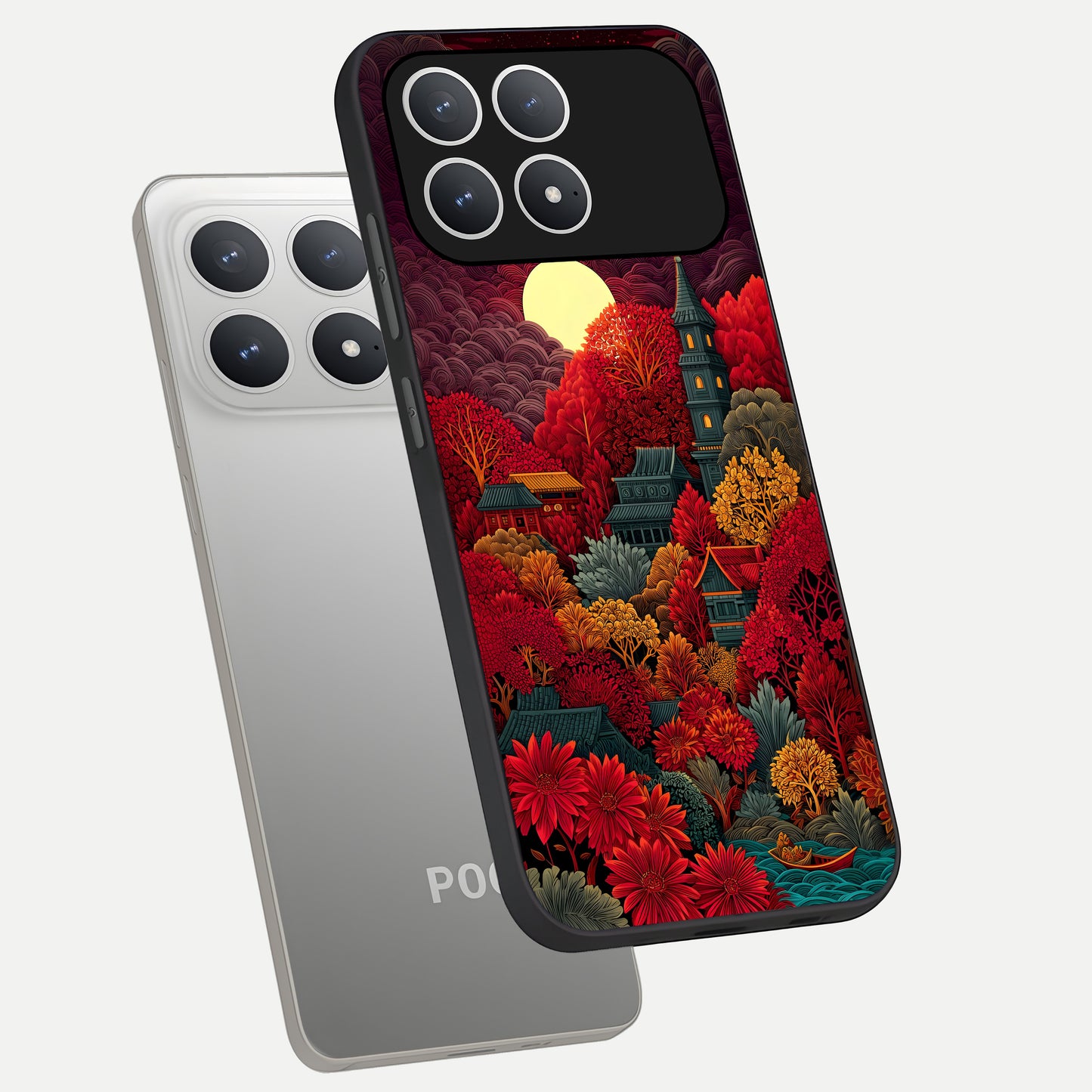  Scarlet Autumn Temple phone case For Poco F8 Pro showing premium glass back cover with detailed artwork