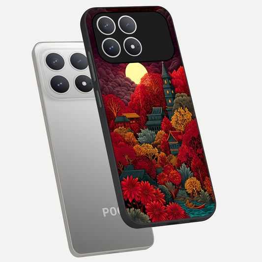  Scarlet Autumn Temple phone case For Poco F8 Pro showing premium glass back cover with detailed artwork