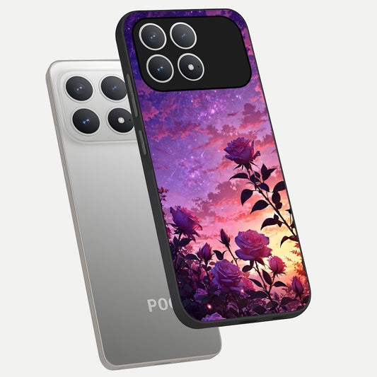  Starlit Rose Twilight phone case For Poco F8 Pro showing premium glass back cover with detailed artwork