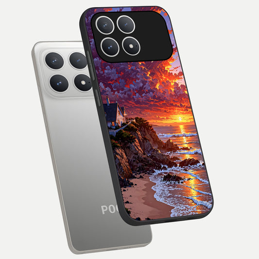  Sunset House By Sea phone case For Poco F8 Pro showing premium glass back cover with detailed artwork