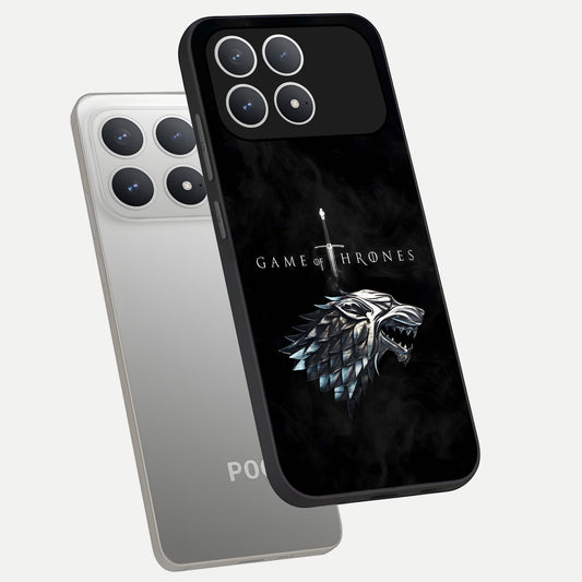 Throne Wolf Legacy phone case For Poco F8 Pro showing premium glass back cover with detailed artwork