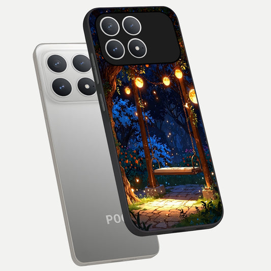  Twilight Garden Swing phone case For Poco F8 Pro showing premium glass back cover with detailed artwork