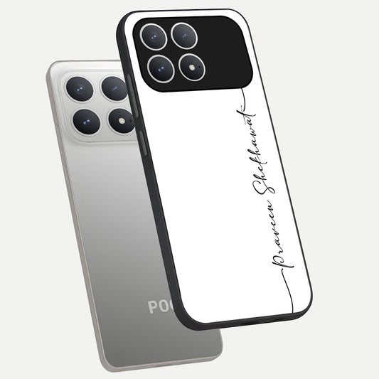  White Tune Custom Name phone case For Poco F8 Pro showing premium custom name glass back cover