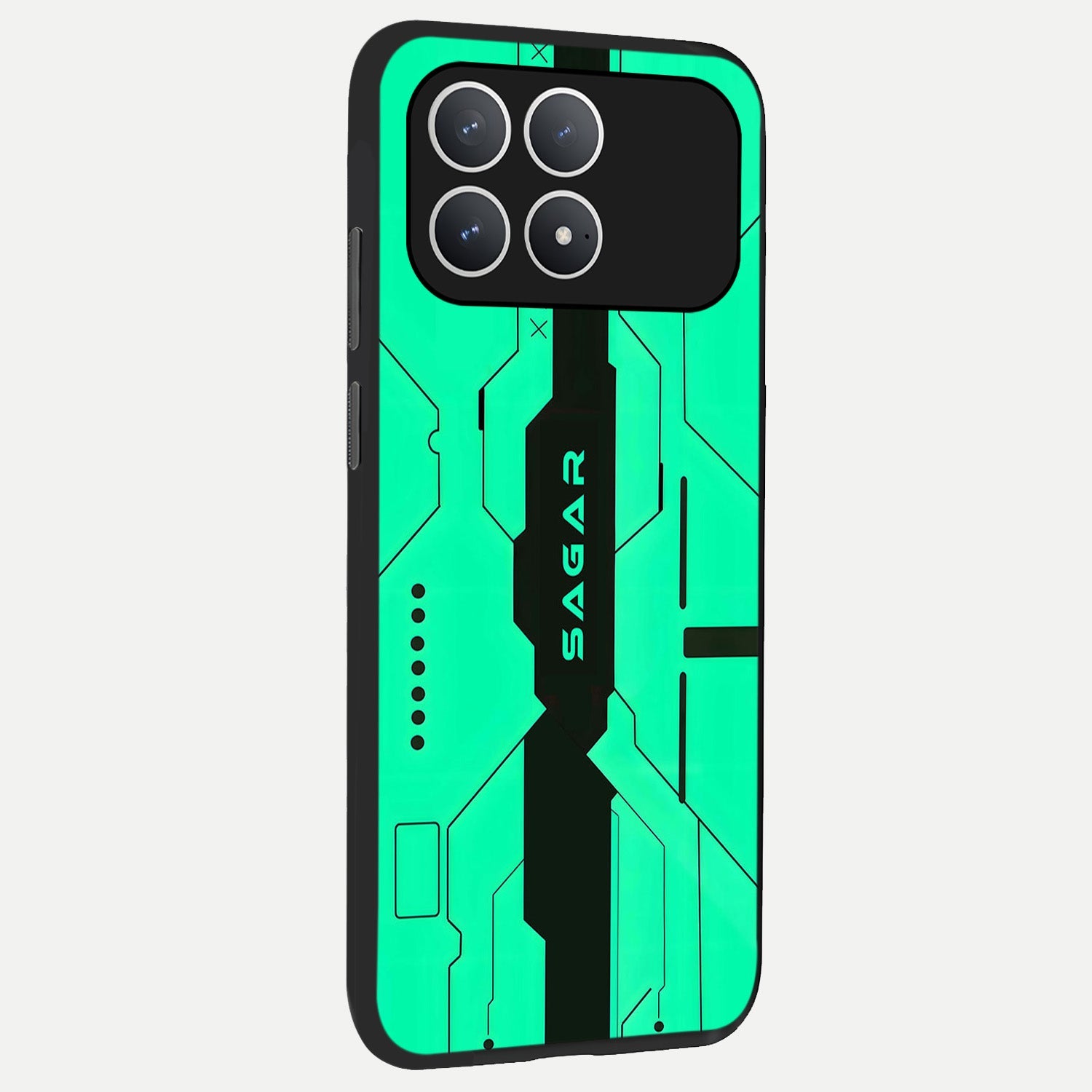  Aqua Tech CYBERPUNK Custom Name back cover For Poco F8 Pro slim fit glass case with vibrant aesthetic design