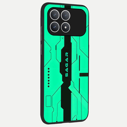  Aqua Tech CYBERPUNK Custom Name back cover For Poco F8 Pro slim fit glass case with vibrant aesthetic design