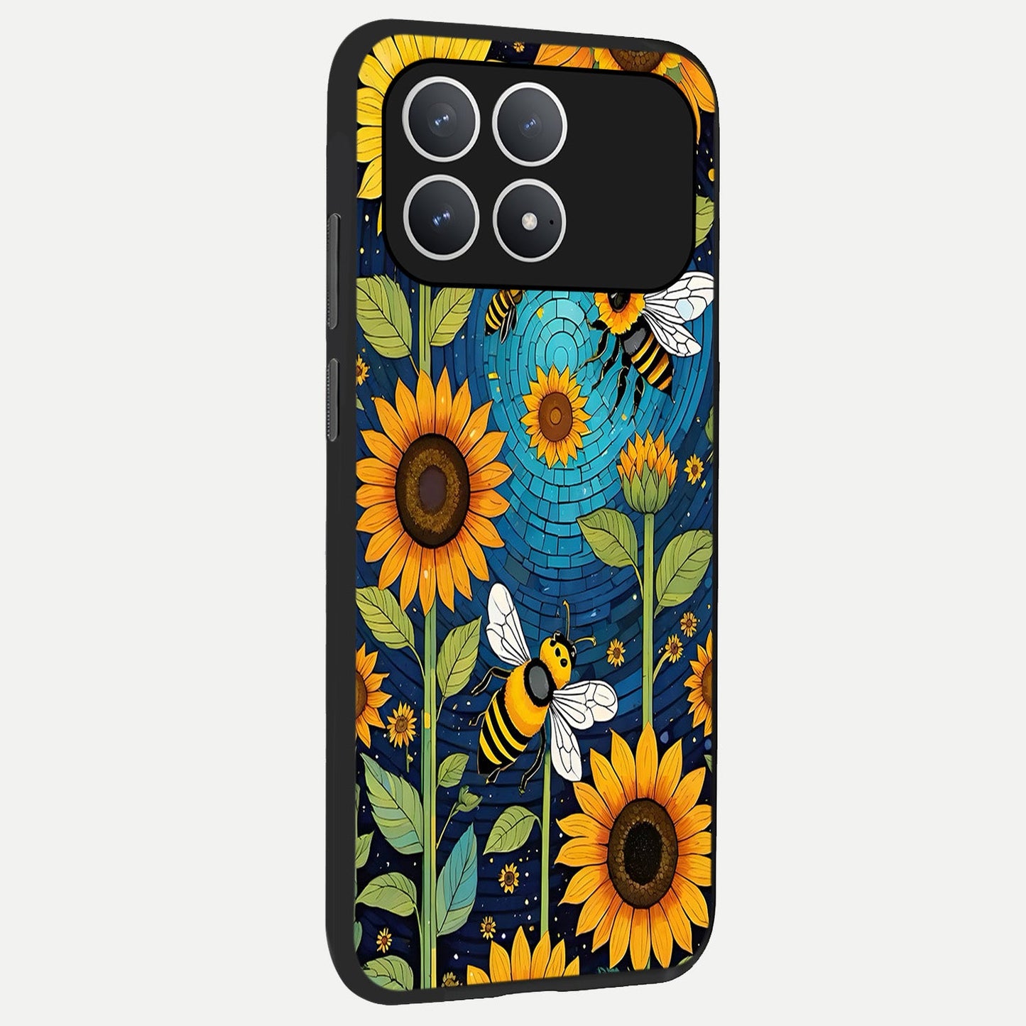  Bees And Sunflowers back cover For Poco F8 Pro slim fit glass case with vibrant aesthetic design
