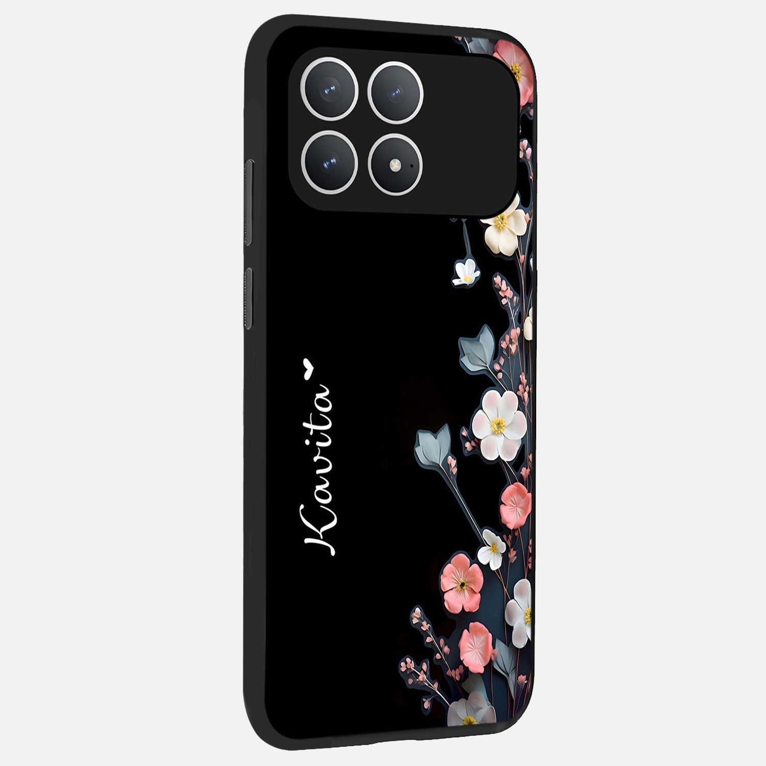  Black Elegance Floral Custom Name back cover For Poco F8 Pro slim fit glass case with vibrant aesthetic design