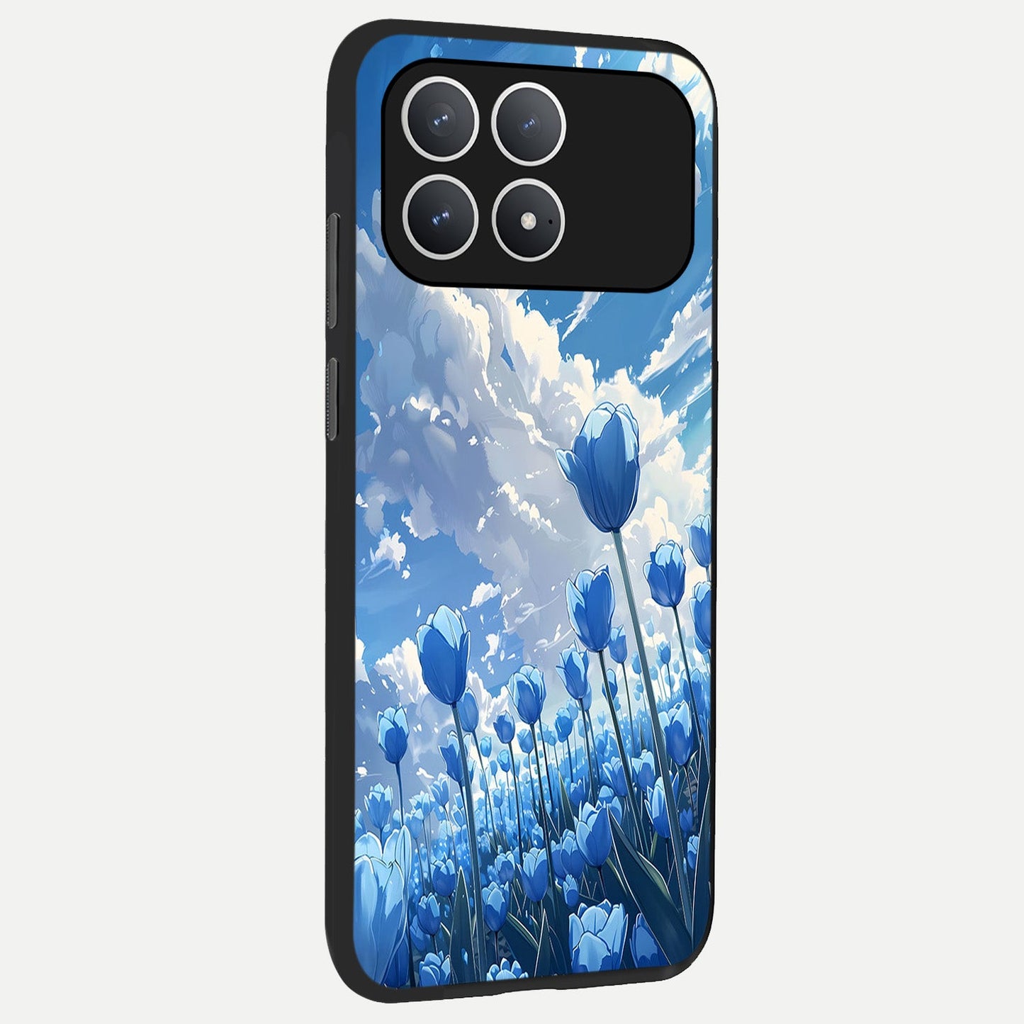  Blue Tulip Clouds back cover For Poco F8 Pro slim fit glass case with vibrant aesthetic design