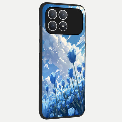  Blue Tulip Clouds back cover For Poco F8 Pro slim fit glass case with vibrant aesthetic design