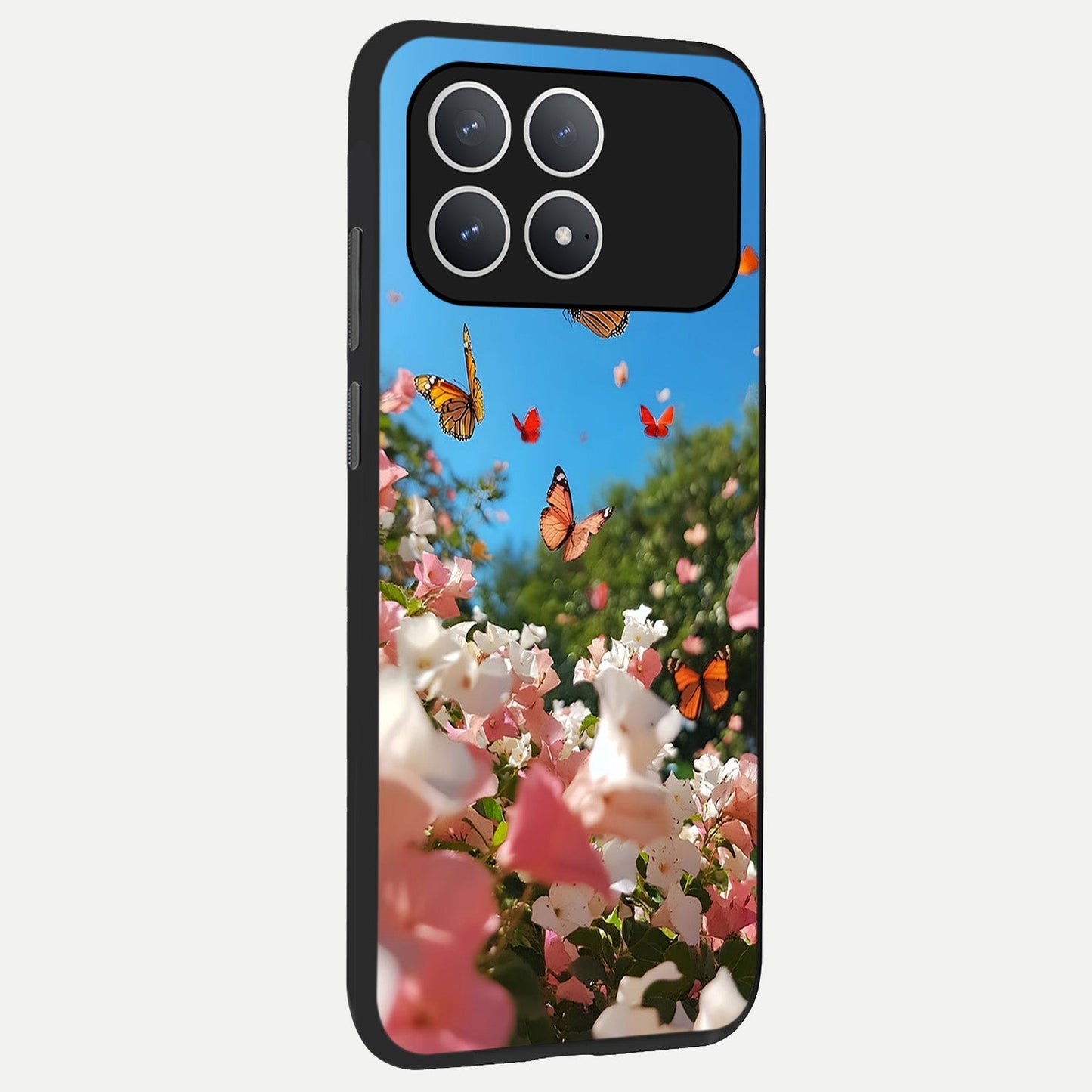  Butterflies In Bloom Sky back cover For Poco F8 Pro slim fit glass case with vibrant aesthetic design
