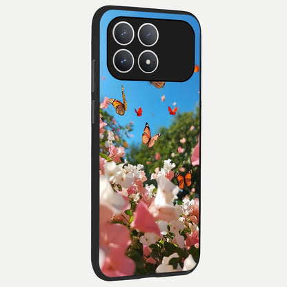  Butterflies In Bloom Sky back cover For Poco F8 Pro slim fit glass case with vibrant aesthetic design