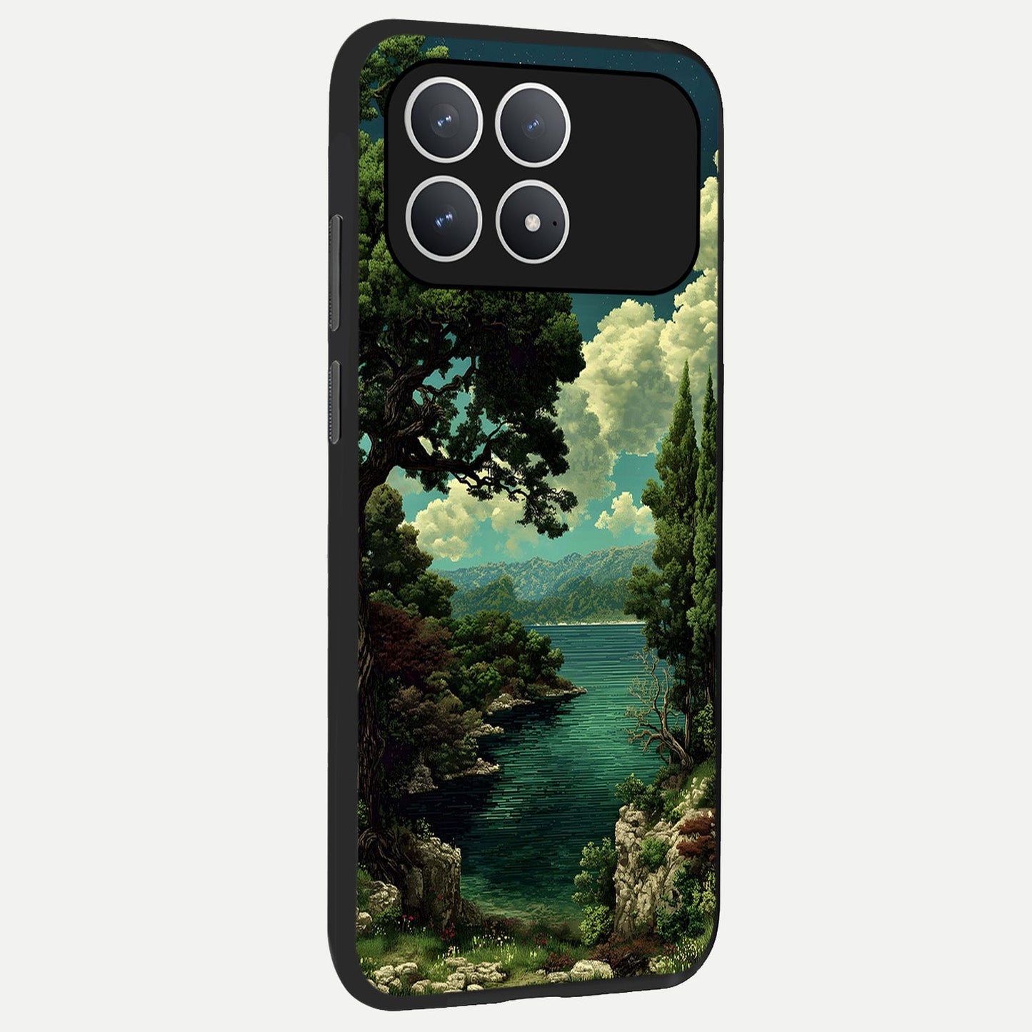  Celestial Lake Peace back cover For Poco F8 Pro slim fit glass case with vibrant aesthetic design