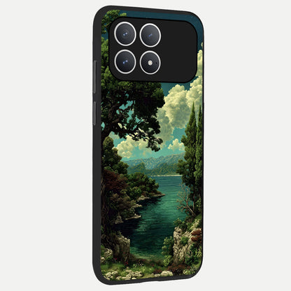  Celestial Lake Peace back cover For Poco F8 Pro slim fit glass case with vibrant aesthetic design