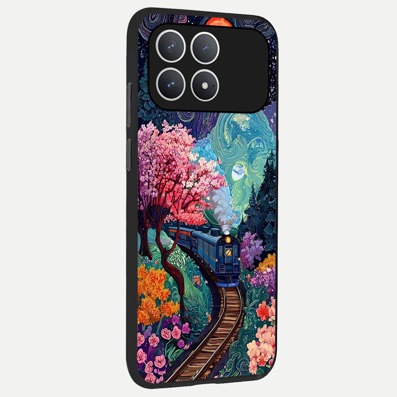 Celestial Train Journey back cover For Poco F8 Pro slim fit glass case with vibrant aesthetic design