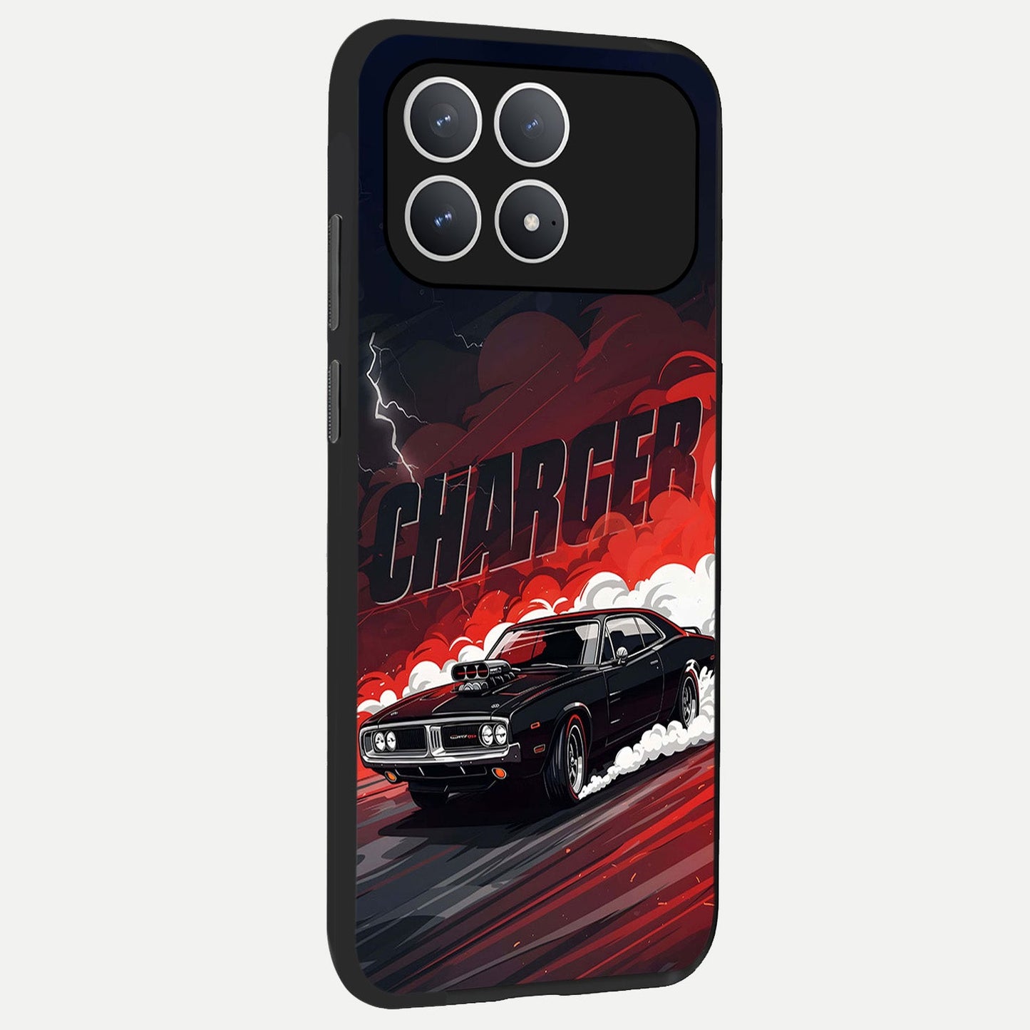  Dark Charger Fury back cover For Poco F8 Pro slim fit glass case with vibrant aesthetic design