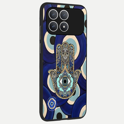  Hamsa Divine Guard back cover For Poco F8 Pro slim fit glass case with vibrant aesthetic design