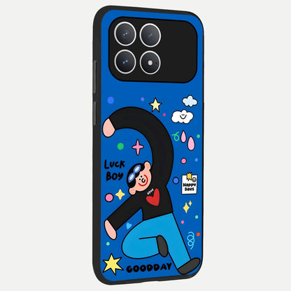  Happy Luck Vibe back cover For Poco F8 Pro slim fit glass case with vibrant aesthetic design