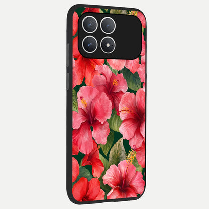  Hibiscus Pattern back cover For Poco F8 Pro slim fit glass case with vibrant aesthetic design