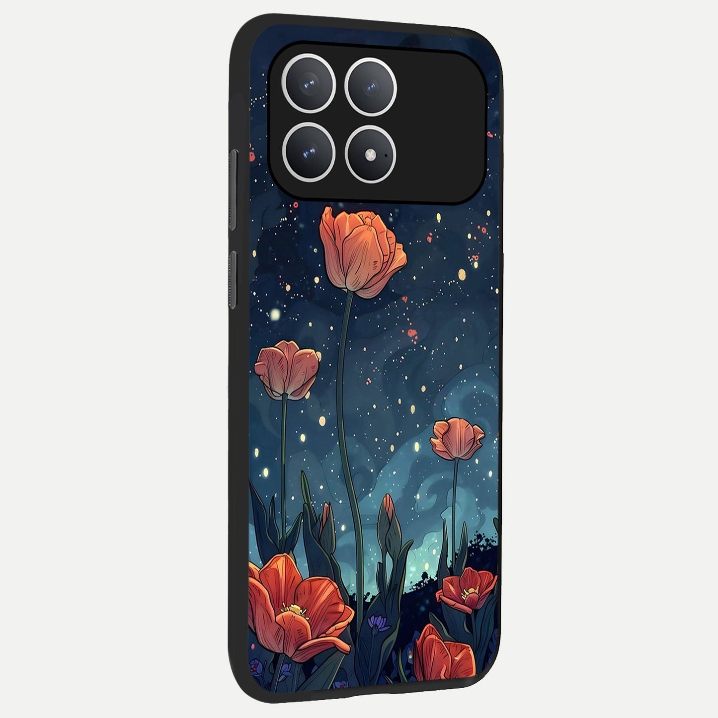  Midnight Tulip Glow back cover For Poco F8 Pro slim fit glass case with vibrant aesthetic design
