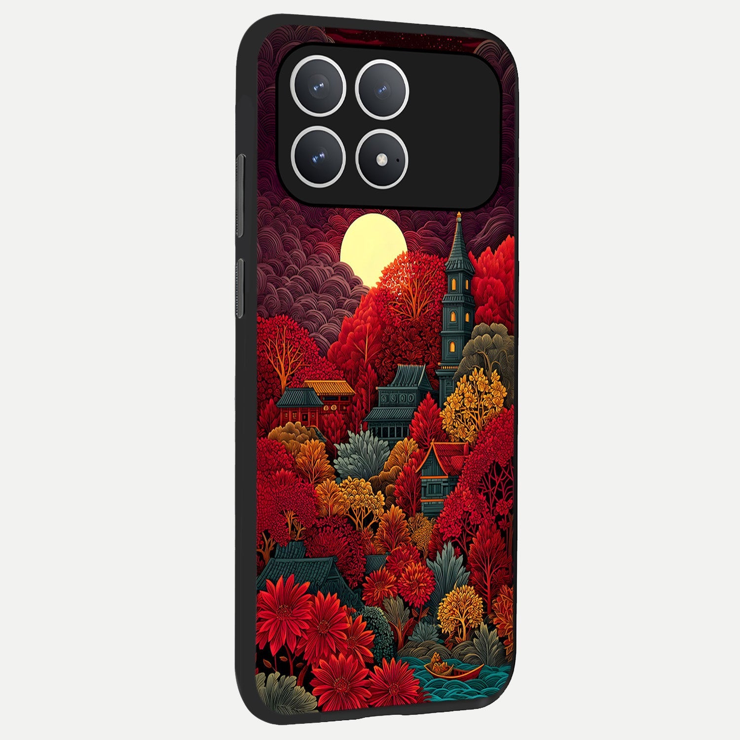  Scarlet Autumn Temple back cover For Poco F8 Pro slim fit glass case with vibrant aesthetic design