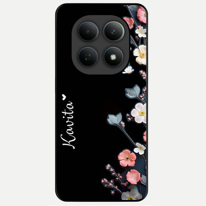  Black Elegance Floral Custom Name Glass Case For Poco M8 back cover – full design glossy printed glass finish