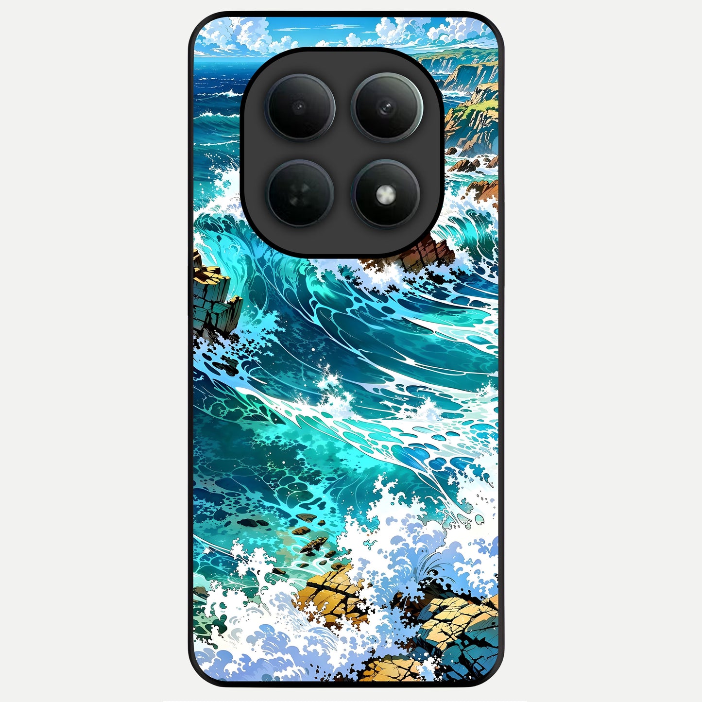  Coastal Blue Waves Glass Case For Poco M8 back cover – full design glossy printed glass finish