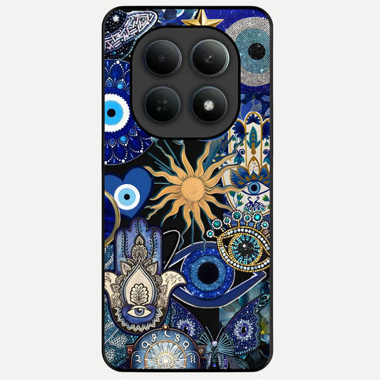  Mystic Blue Evil Eye Glass Case For Poco M8 back cover – full design glossy printed glass finish