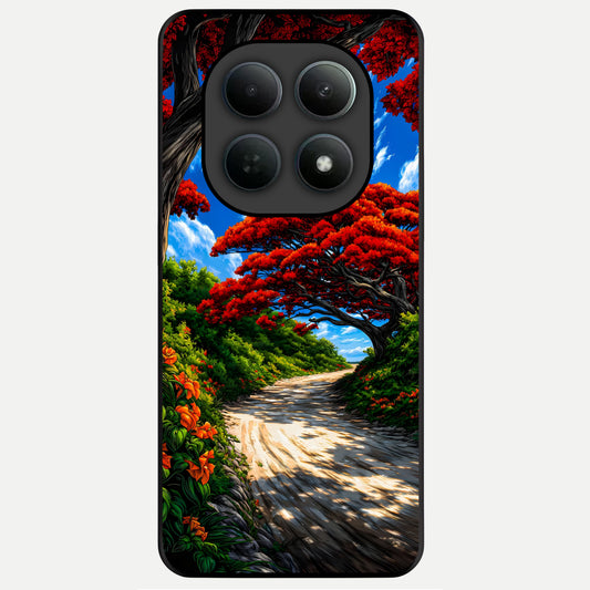  Red Trees Pathway Glass Case For Poco M8 back cover – full design glossy printed glass finish