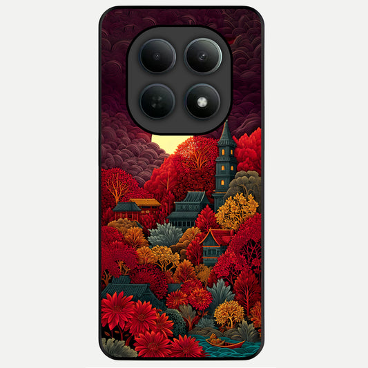  Scarlet Autumn Temple Glass Case For Poco M8 back cover – full design glossy printed glass finish