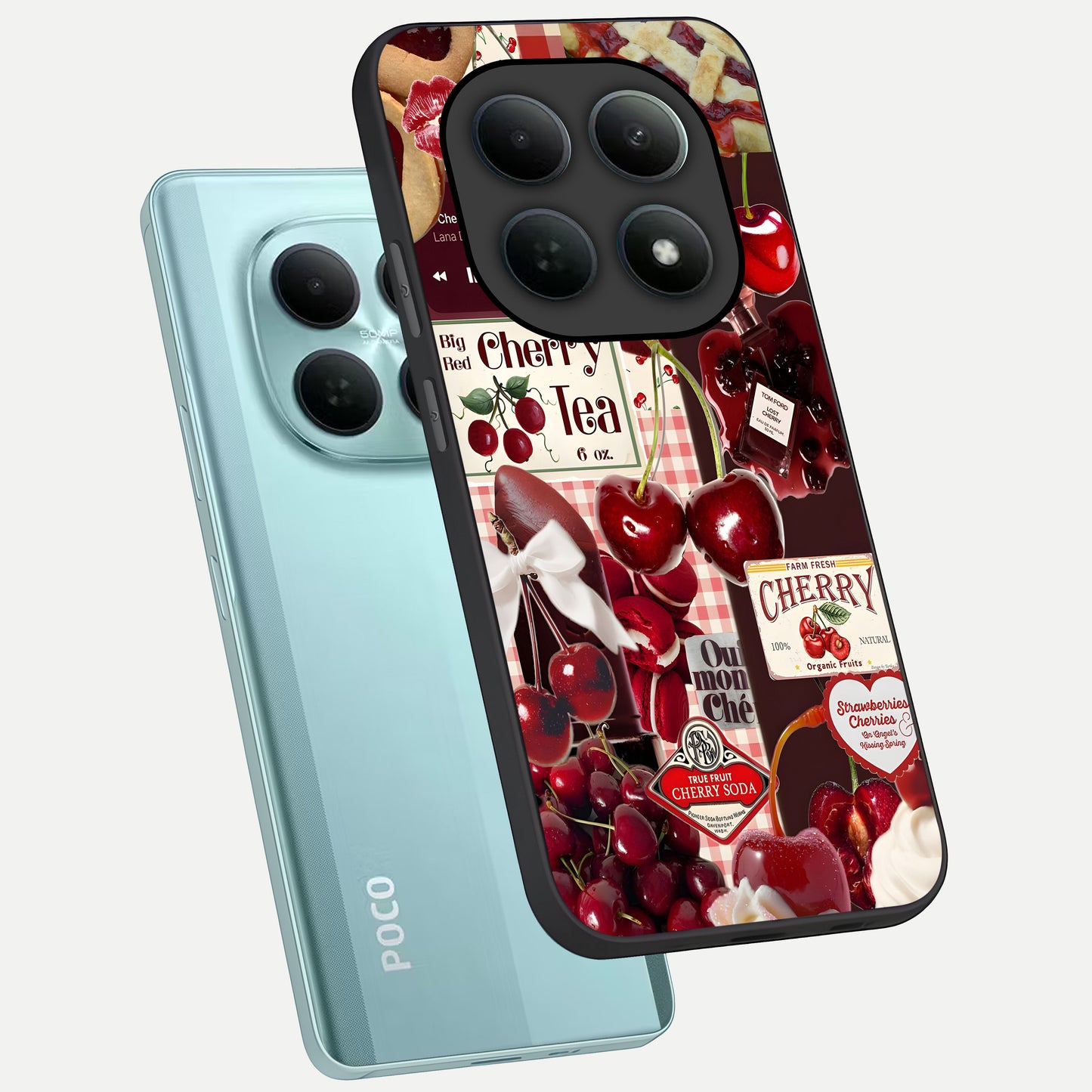  Aesthetic Cherry Tea phone case For Poco M8 showing premium glass back cover with detailed artwork
