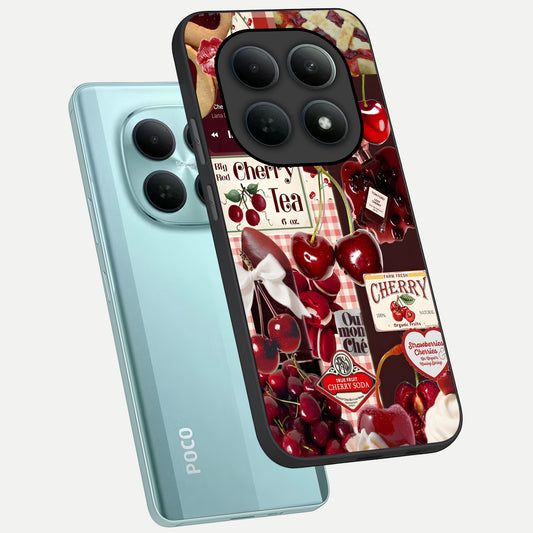  Aesthetic Cherry Tea phone case For Poco M8 showing premium glass back cover with detailed artwork