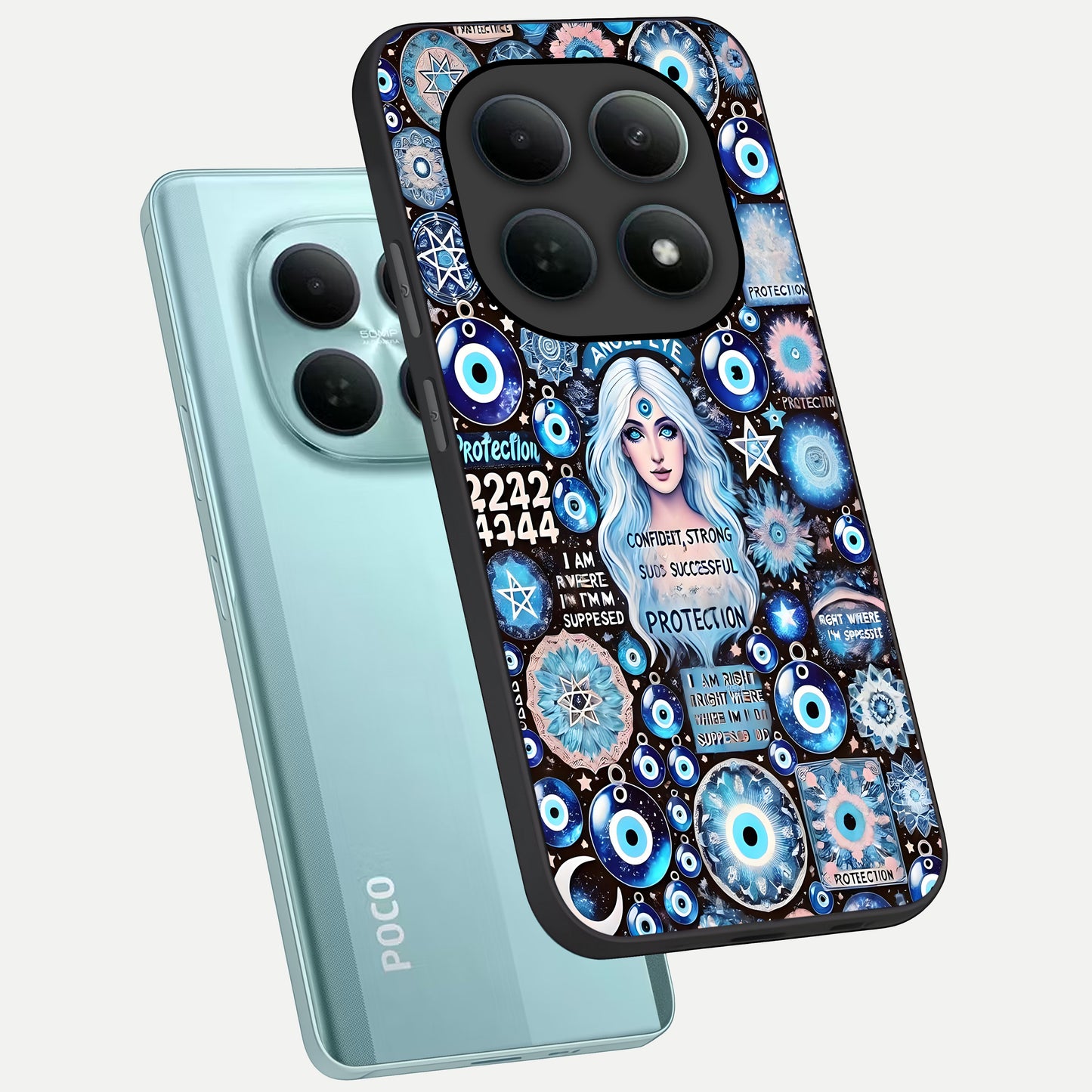  Angel Aura Shield phone case For Poco M8 showing premium glass back cover with detailed artwork
