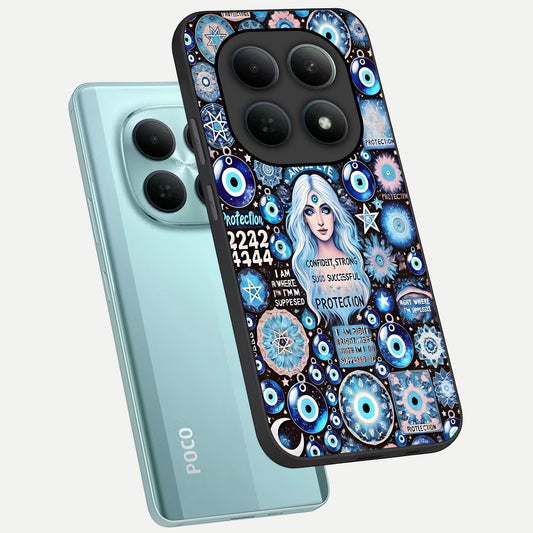  Angel Aura Shield phone case For Poco M8 showing premium glass back cover with detailed artwork