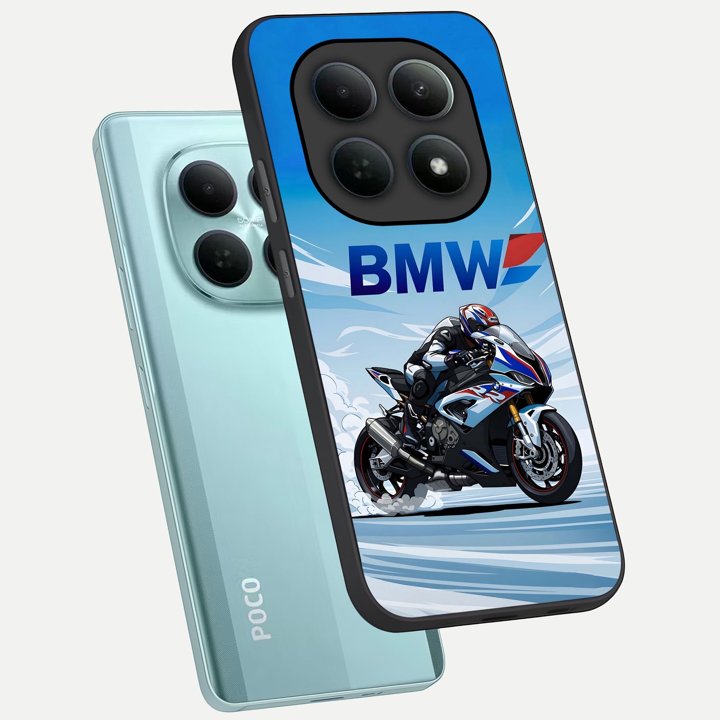  BMW Power Drift phone case For Poco M8 showing premium glass back cover with detailed artwork
