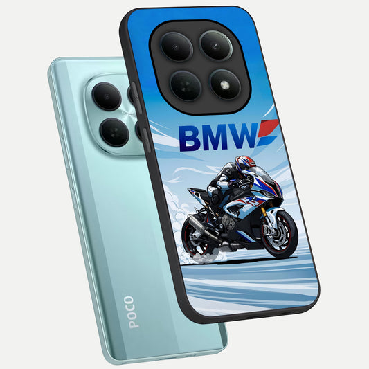  BMW Power Drift phone case For Poco M8 showing premium glass back cover with detailed artwork