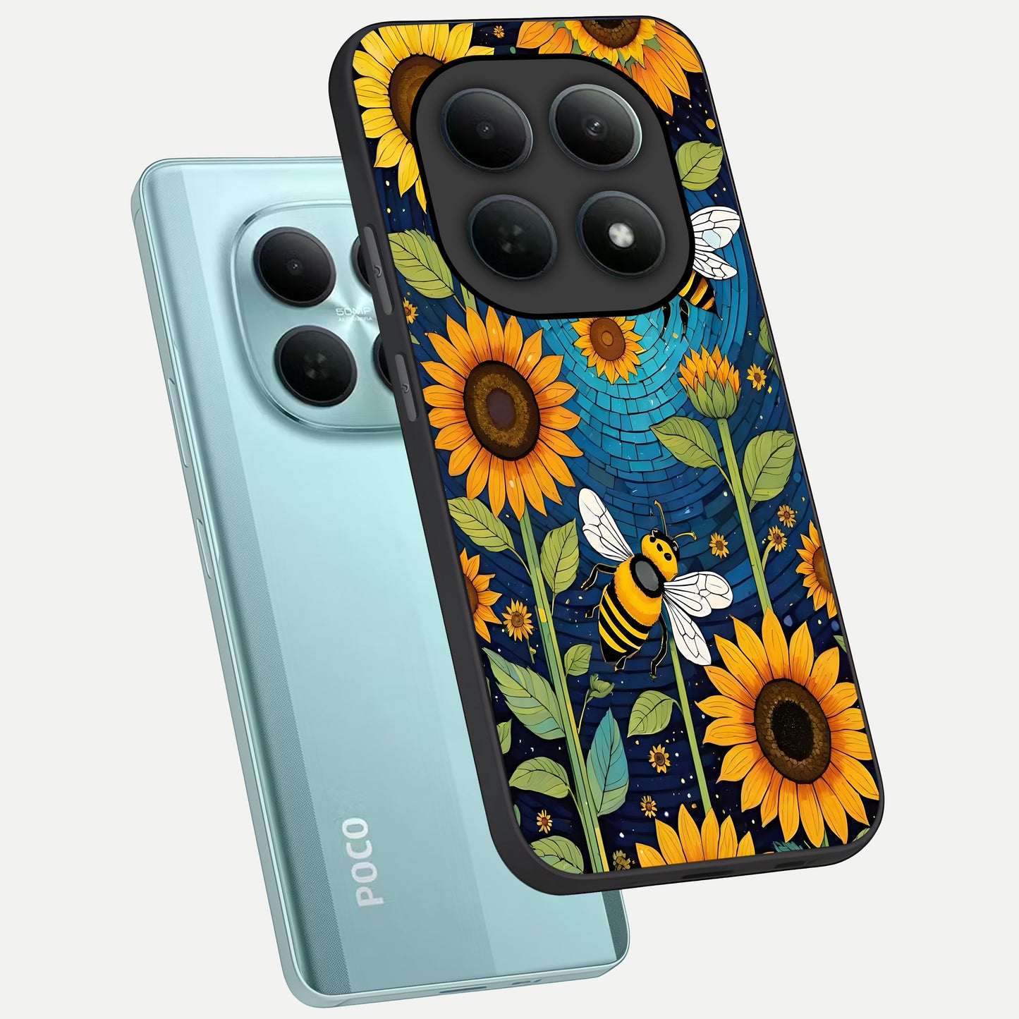  Bees And Sunflowers phone case For Poco M8 showing premium glass back cover with detailed artwork